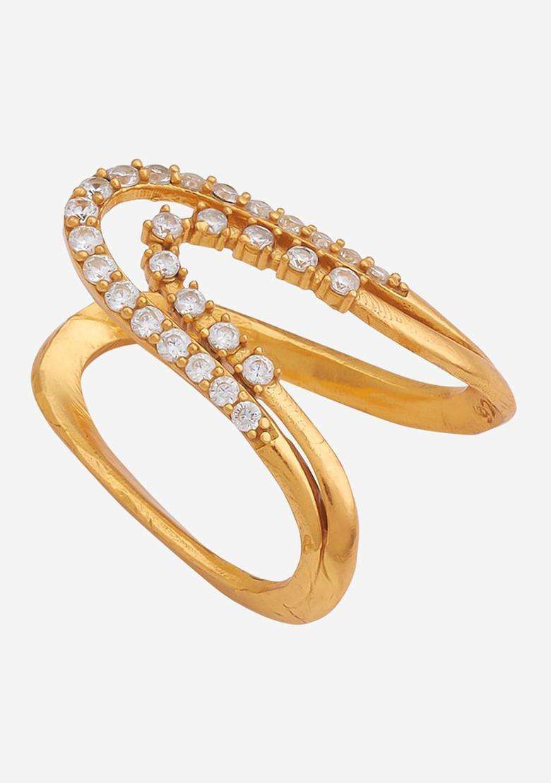 92.5 Pure Silver Gold-Plated Stone Studded Temple Finger Ring for Women | Traditional Temple Jewellery for Wedding & Festive Wear | Gift for Her - Indya