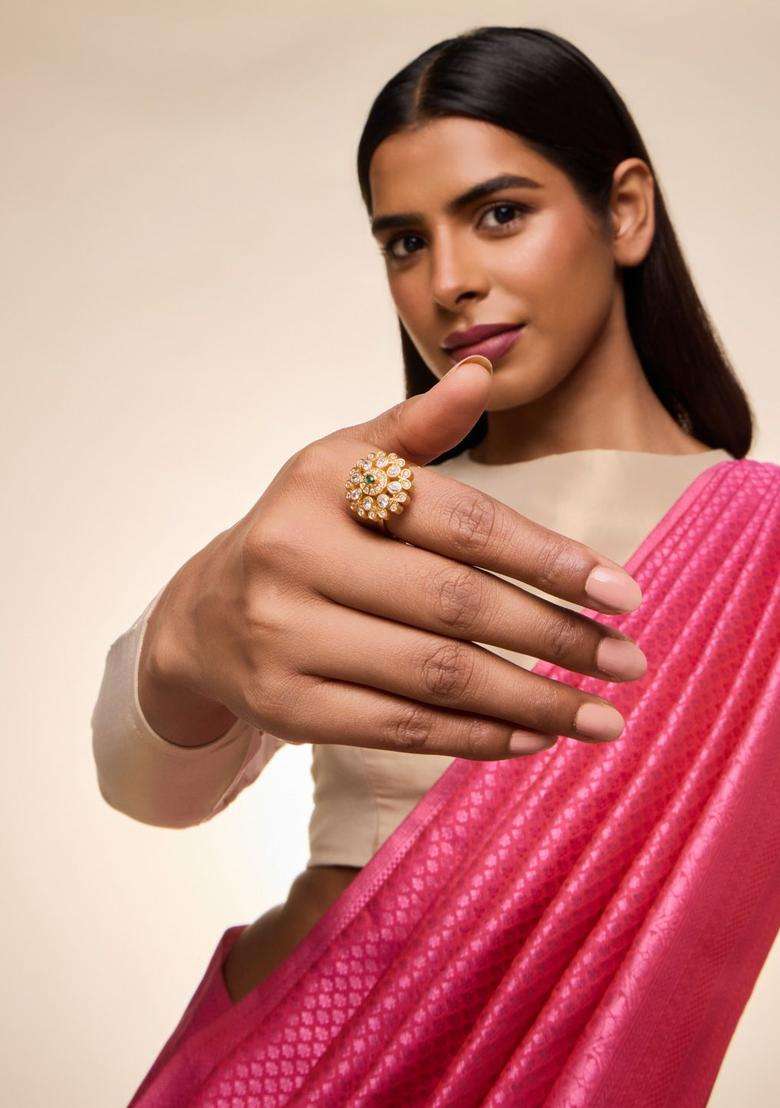 Silver Gold-Plated Temple Stone-Studded Finger Ring for Women | Traditional Temple Jewellery for Wedding & Festive Wear | Gift for Her - Indya