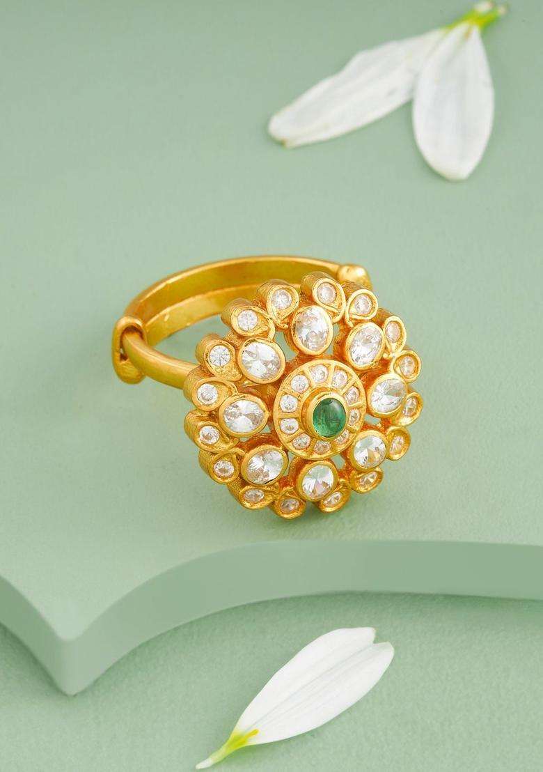 Silver Gold-Plated Temple Stone-Studded Finger Ring for Women | Traditional Temple Jewellery for Wedding & Festive Wear | Gift for Her - Indya