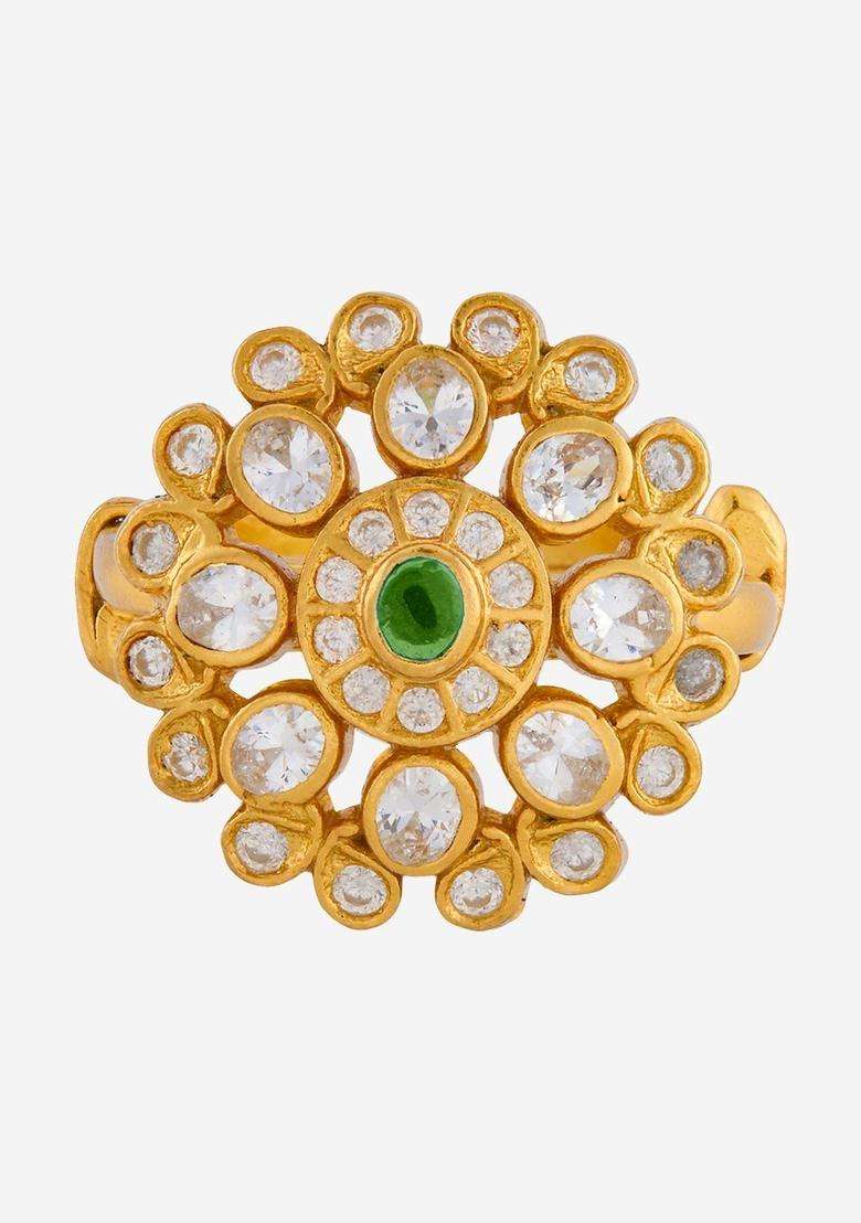 Silver Gold-Plated Temple Stone-Studded Finger Ring for Women | Traditional Temple Jewellery for Wedding & Festive Wear | Gift for Her - Indya