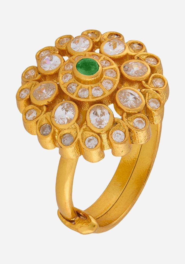 Silver Gold-Plated Temple Stone-Studded Finger Ring for Women | Traditional Temple Jewellery for Wedding & Festive Wear | Gift for Her - Indya