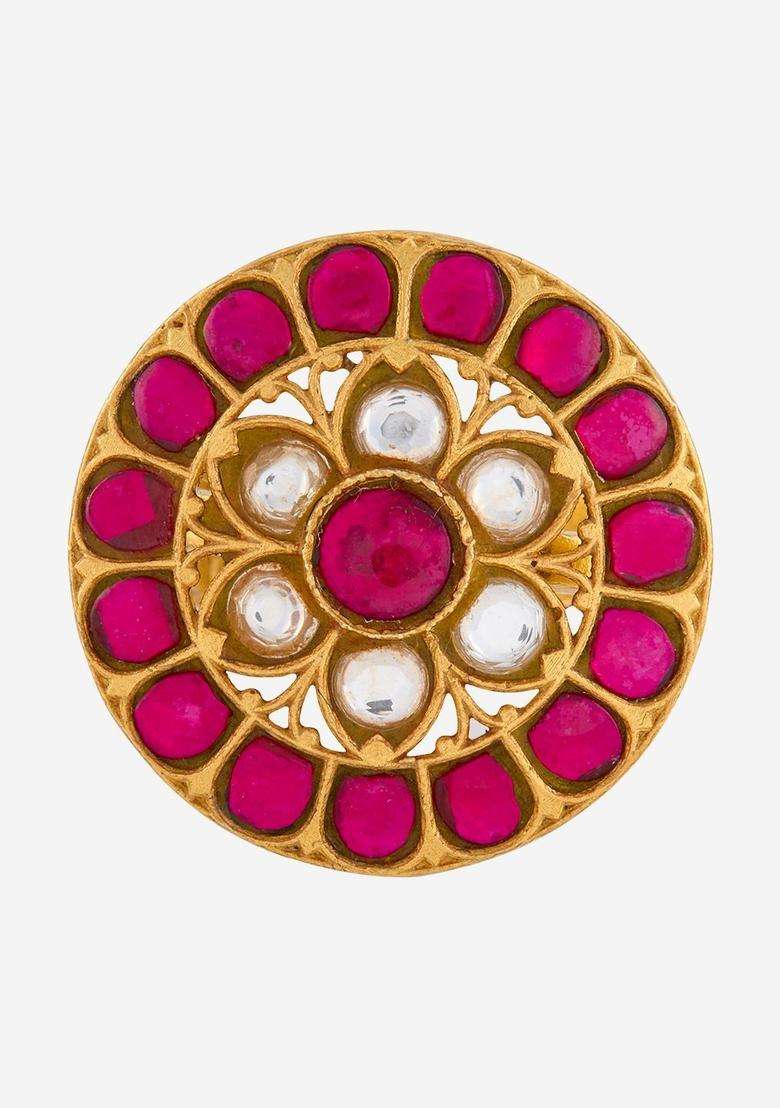 Silver Gold-Plated Temple Stone-Studded Finger Ring for Women | Traditional Temple Jewellery for Wedding & Festive Wear | Gift for Her - Indya