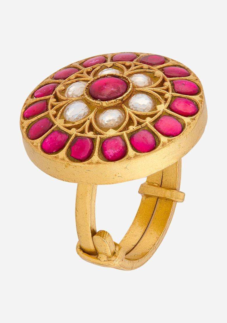 Silver Gold-Plated Temple Stone-Studded Finger Ring for Women | Traditional Temple Jewellery for Wedding & Festive Wear | Gift for Her - Indya