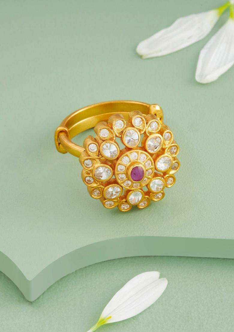 Silver Gold-Plated Temple Stone-Studded Finger Ring for Women | Traditional Temple Jewellery for Wedding & Festive Wear | Gift for Her - Indya