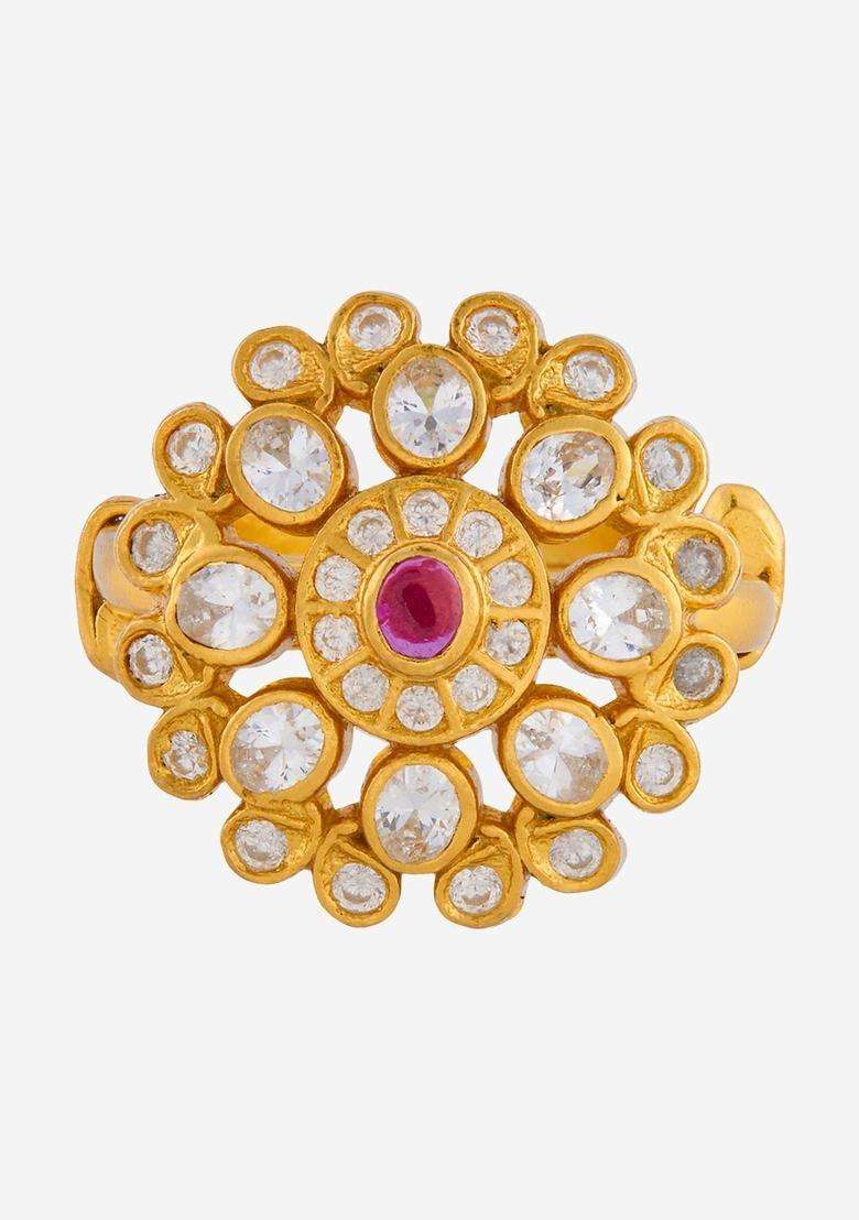 Silver Gold-Plated Temple Stone-Studded Finger Ring for Women | Traditional Temple Jewellery for Wedding & Festive Wear | Gift for Her - Indya