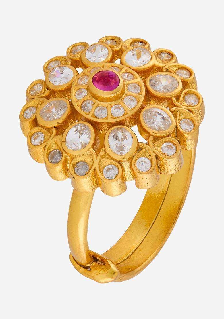 Silver Gold-Plated Temple Stone-Studded Finger Ring for Women | Traditional Temple Jewellery for Wedding & Festive Wear | Gift for Her - Indya