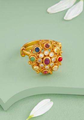 Silver Gold-Plated Temple Stone-Studded Finger Ring for Women | Traditional Temple Jewellery for Wedding & Festive Wear | Gift for Her