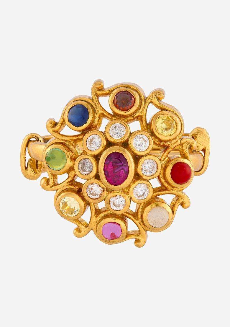 Silver Gold-Plated Temple Stone-Studded Finger Ring for Women | Traditional Temple Jewellery for Wedding & Festive Wear | Gift for Her - Indya