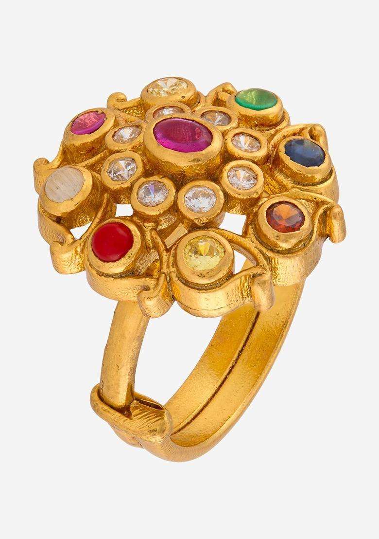 Silver Gold-Plated Temple Stone-Studded Finger Ring for Women | Traditional Temple Jewellery for Wedding & Festive Wear | Gift for Her - Indya