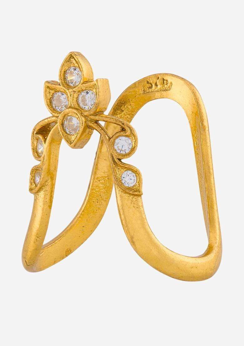 Silver Gold-Plated Temple Stone-Studded Finger Ring for Women | Traditional Temple Jewellery for Wedding & Festive Wear | Gift for Her - Indya