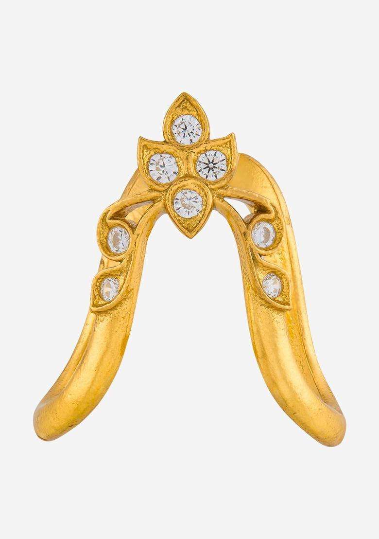 Silver Gold-Plated Temple Stone-Studded Finger Ring for Women | Traditional Temple Jewellery for Wedding & Festive Wear | Gift for Her - Indya