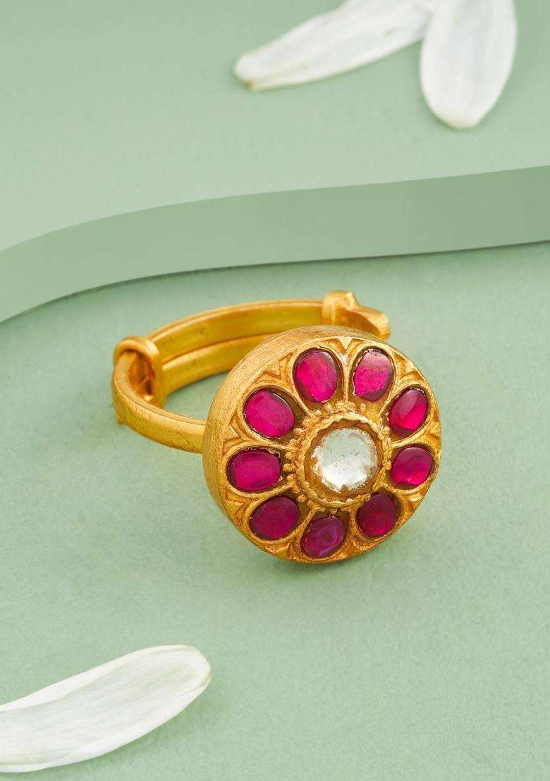 Silver Gold-Plated Temple Stone-Studded Finger Ring for Women | Traditional Temple Jewellery for Wedding & Festive Wear | Gift for Her - Indya