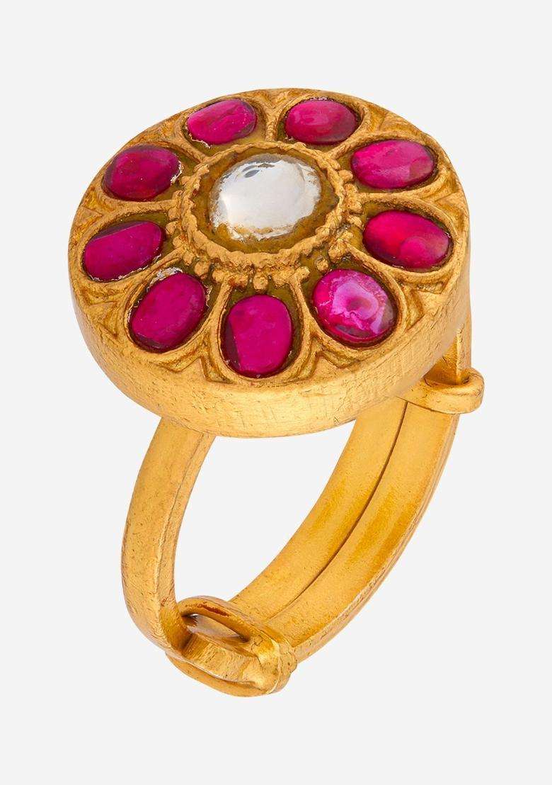 Silver Gold-Plated Temple Stone-Studded Finger Ring for Women | Traditional Temple Jewellery for Wedding & Festive Wear | Gift for Her - Indya