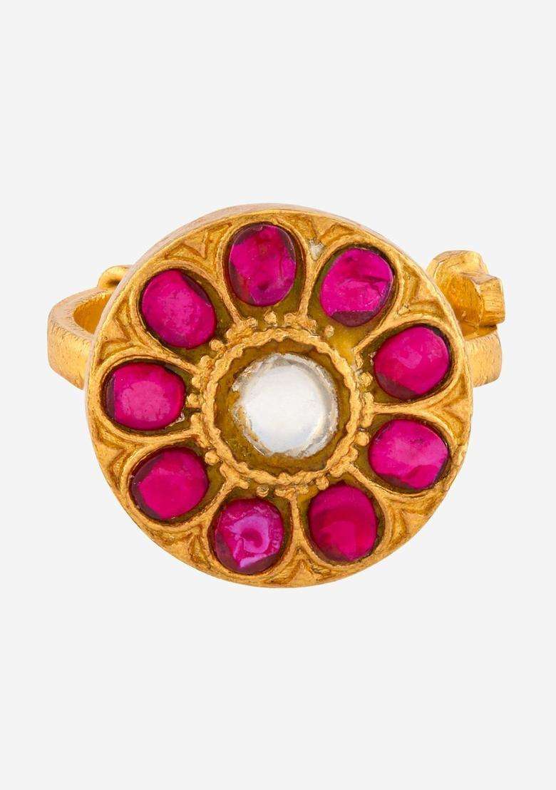 Silver Gold-Plated Temple Stone-Studded Finger Ring for Women | Traditional Temple Jewellery for Wedding & Festive Wear | Gift for Her - Indya