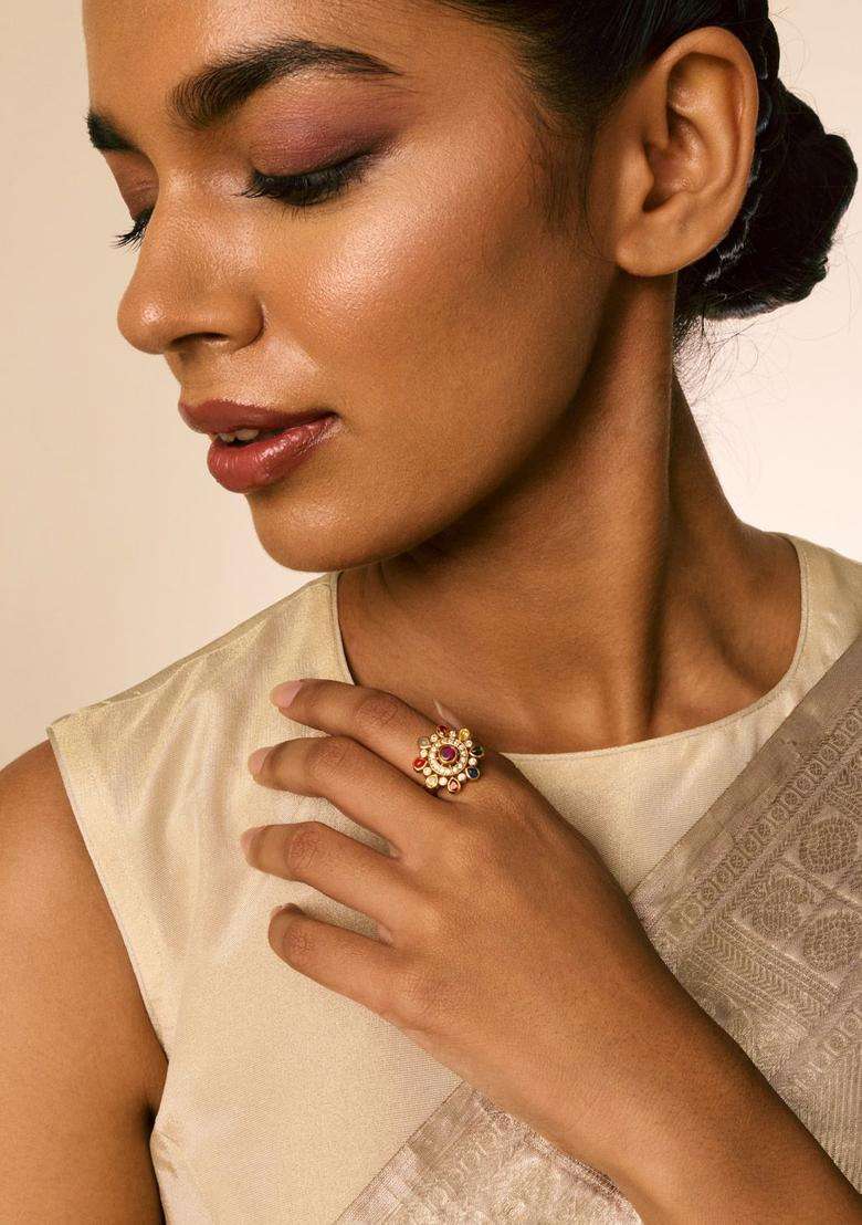 Gold-Plated Stone-Studded Finger Ring for Women | Traditional Temple Jewellery for Wedding & Festive Wear | Gift for Her - Indya