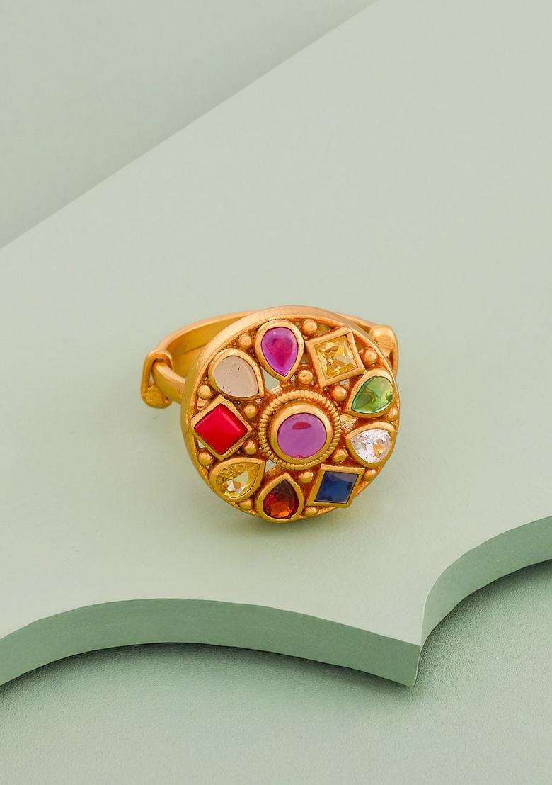 Gold-Plated Stone-Studded Finger Ring for Women | Traditional Temple Jewellery for Wedding & Festive Wear | Gift for Her - Indya