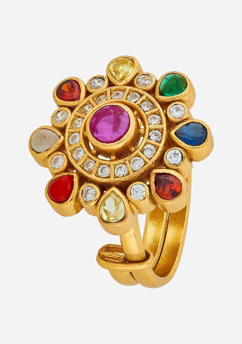 Gold-Plated Stone-Studded Finger Ring for Women | Traditional Temple Jewellery for Wedding & Festive Wear | Gift for Her - Indya