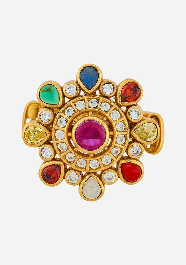 Gold-Plated Stone-Studded Finger Ring for Women | Traditional Temple Jewellery for Wedding & Festive Wear | Gift for Her - Indya