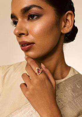 Ruby Gold-Plated Ethnic 92.5 Silver Temple Finger Ring for Women | Traditional Temple Jewellery for Wedding & Festive Wear | Gift for Her