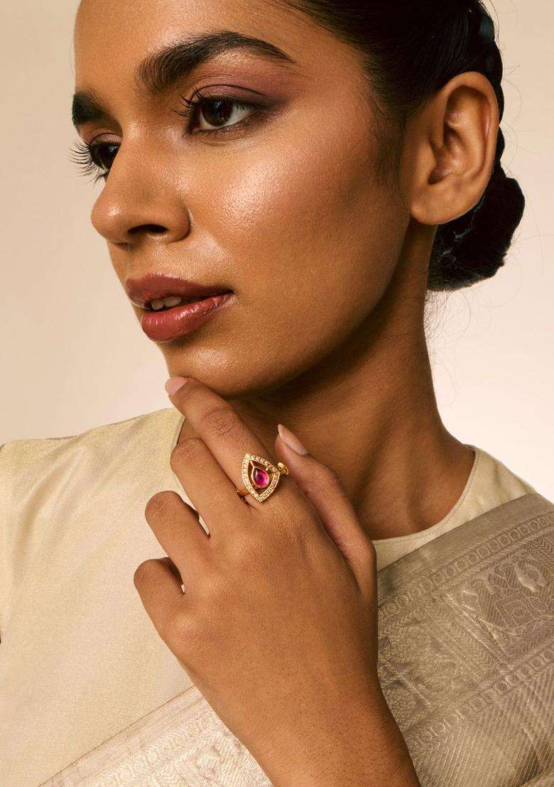 Ruby Gold-Plated Ethnic 92.5 Silver Temple Finger Ring for Women | Traditional Temple Jewellery for Wedding & Festive Wear | Gift for Her - Indya