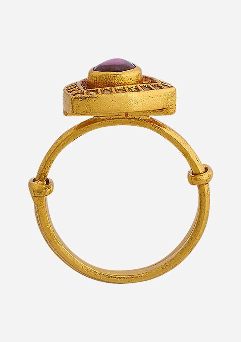 Ruby Gold-Plated Ethnic 92.5 Silver Temple Finger Ring for Women | Traditional Temple Jewellery for Wedding & Festive Wear | Gift for Her - Indya