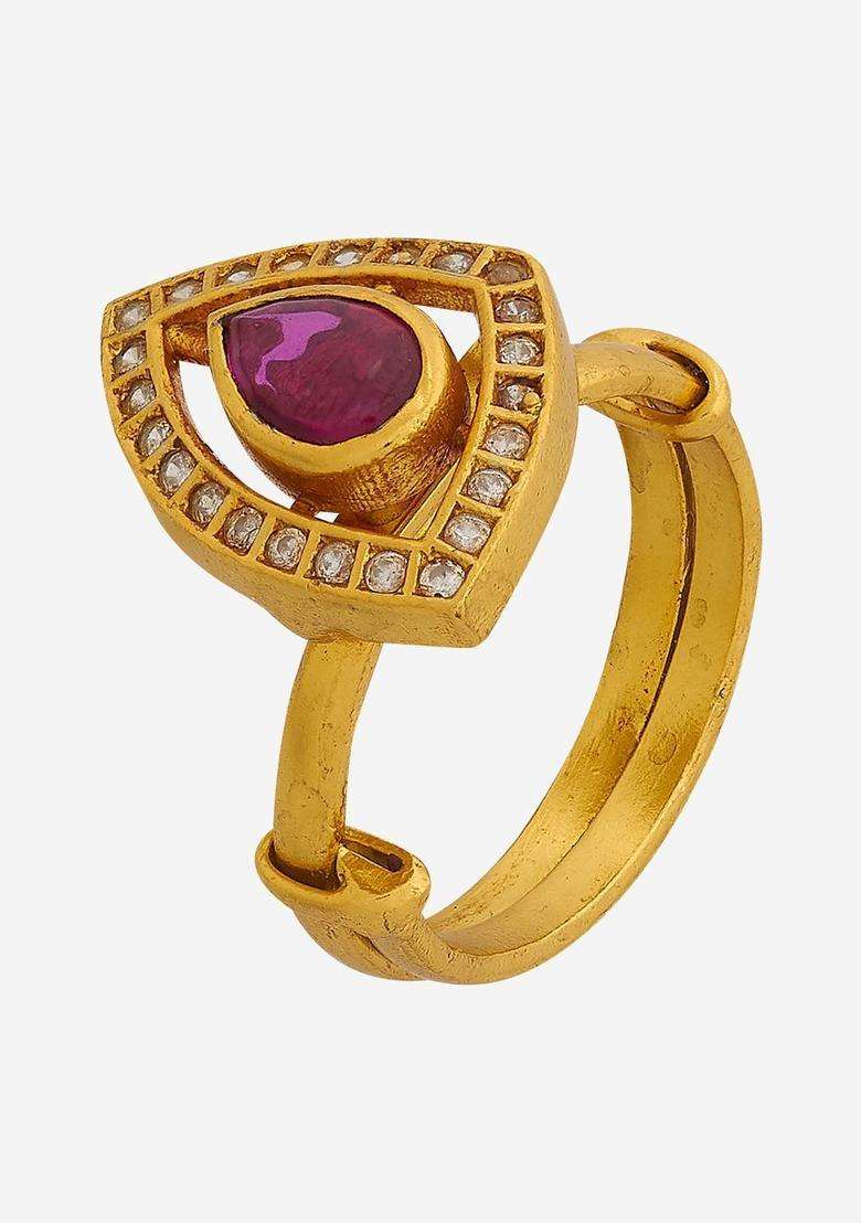 Ruby Gold-Plated Ethnic 92.5 Silver Temple Finger Ring for Women | Traditional Temple Jewellery for Wedding & Festive Wear | Gift for Her - Indya