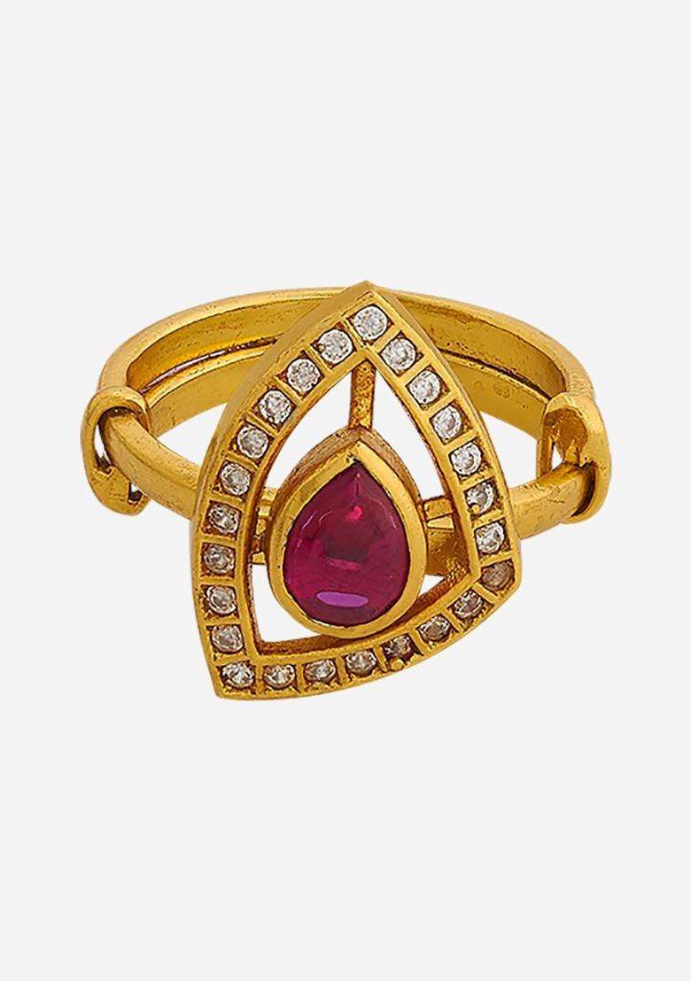 Ruby Gold-Plated Ethnic 92.5 Silver Temple Finger Ring for Women | Traditional Temple Jewellery for Wedding & Festive Wear | Gift for Her - Indya