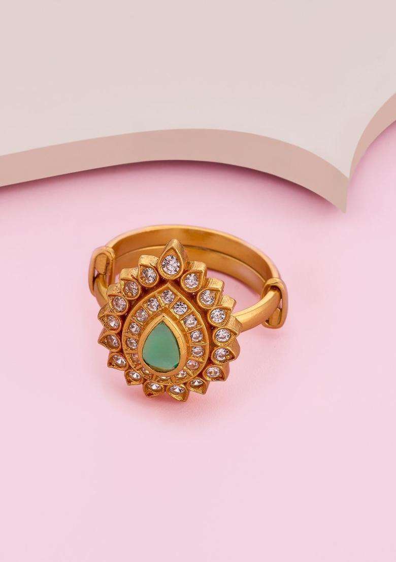 Gold-Plated Stone-Studded Finger Ring for Women | Traditional Temple Jewellery for Wedding & Festive Wear | Gift for Her - Indya