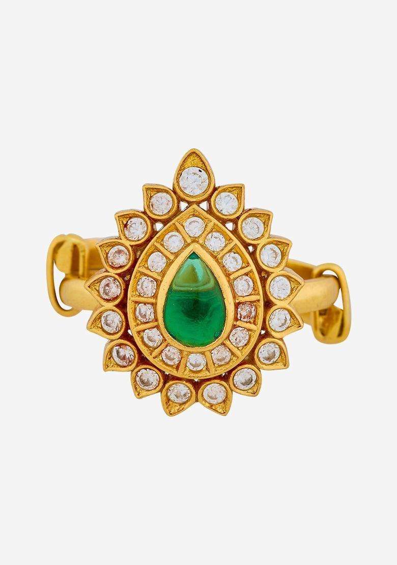 Gold-Plated Stone-Studded Finger Ring for Women | Traditional Temple Jewellery for Wedding & Festive Wear | Gift for Her - Indya