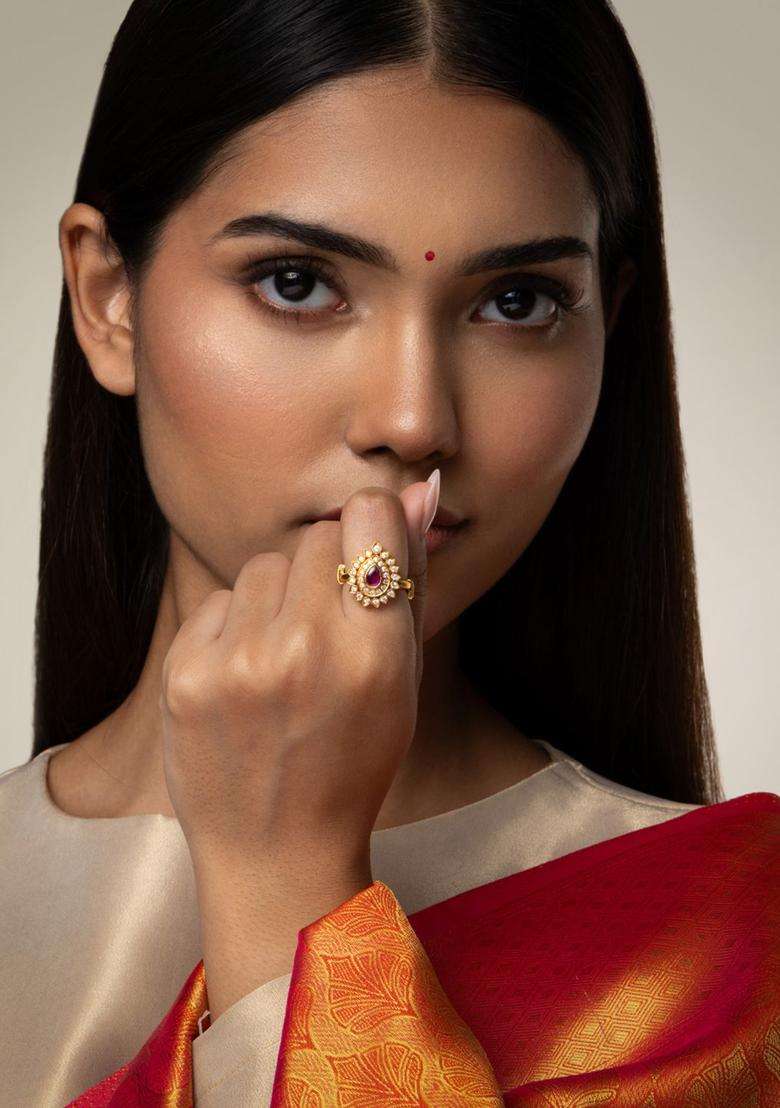 Gold-Plated Stone-Studded Finger Ring for Women | Traditional Temple Jewellery for Wedding & Festive Wear | Gift for Her - Indya