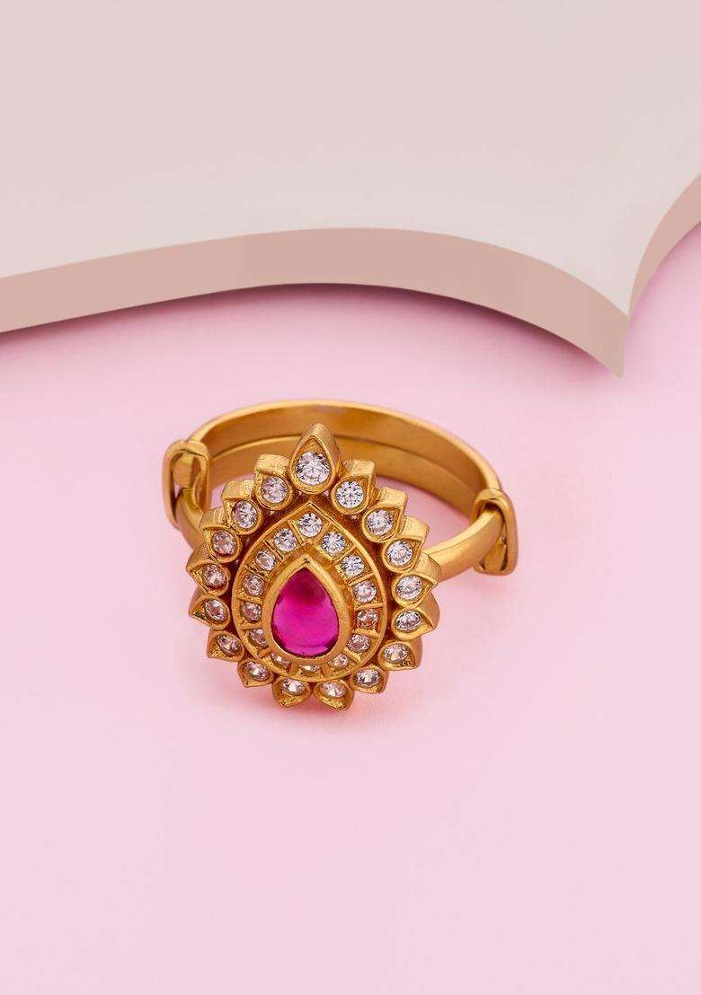 Gold-Plated Stone-Studded Finger Ring for Women | Traditional Temple Jewellery for Wedding & Festive Wear | Gift for Her - Indya