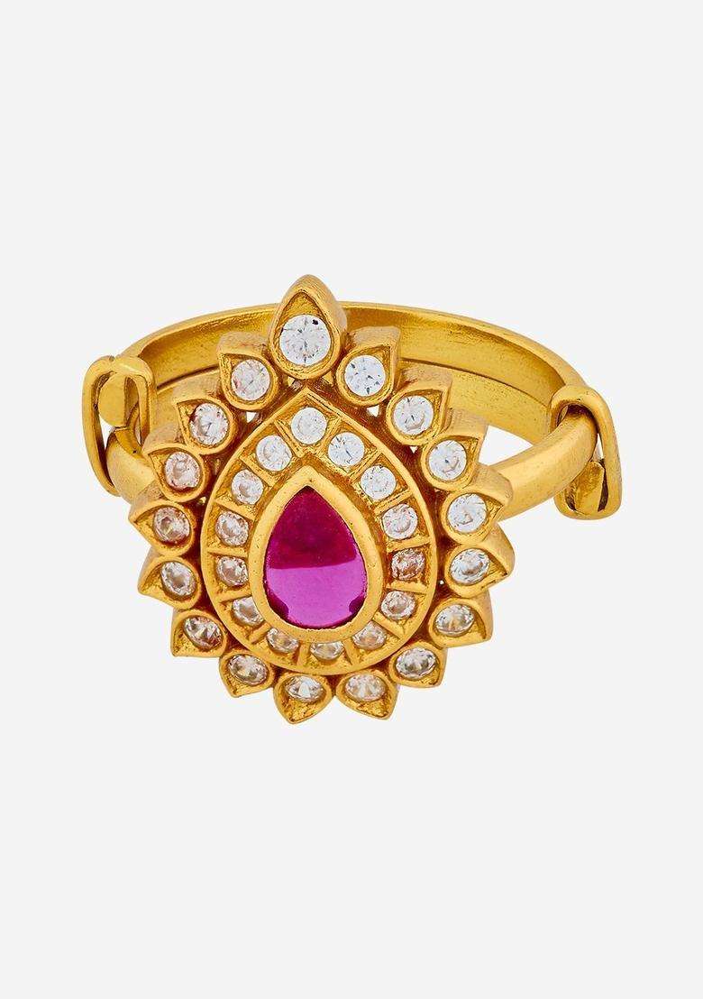 Gold-Plated Stone-Studded Finger Ring for Women | Traditional Temple Jewellery for Wedding & Festive Wear | Gift for Her - Indya