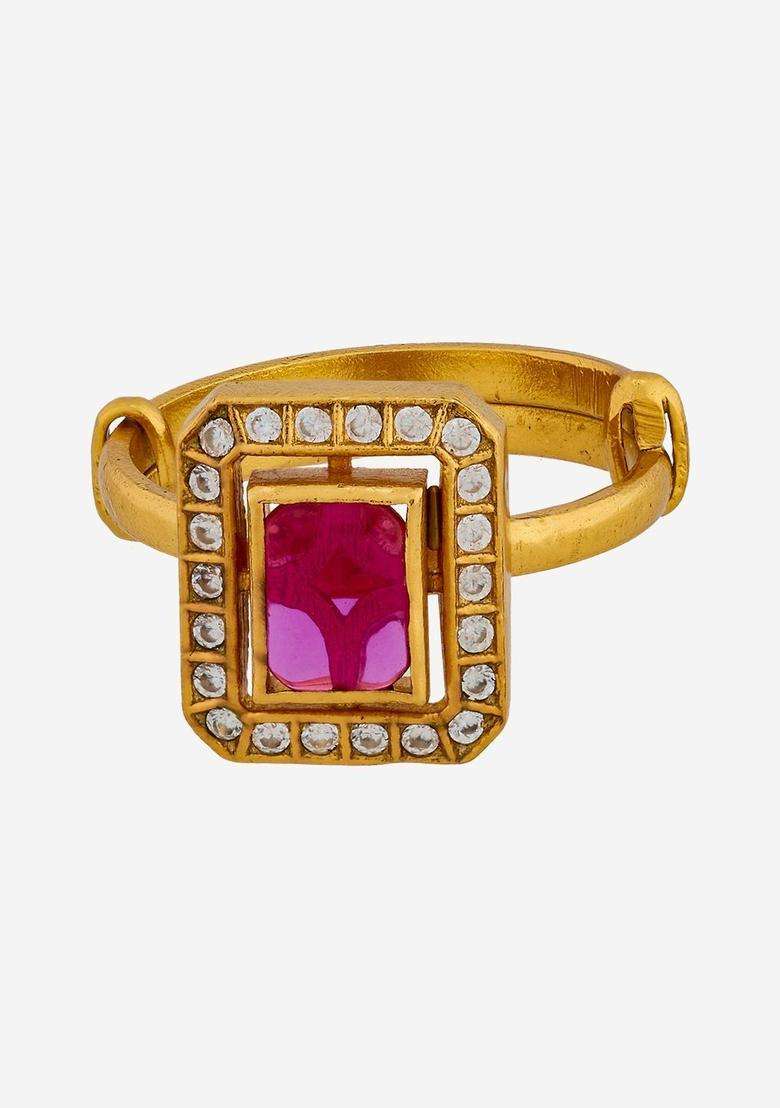 Gold-Plated Stone-Studded Finger Ring for Women | Traditional Temple Jewellery for Wedding & Festive Wear | Gift for Her - Indya