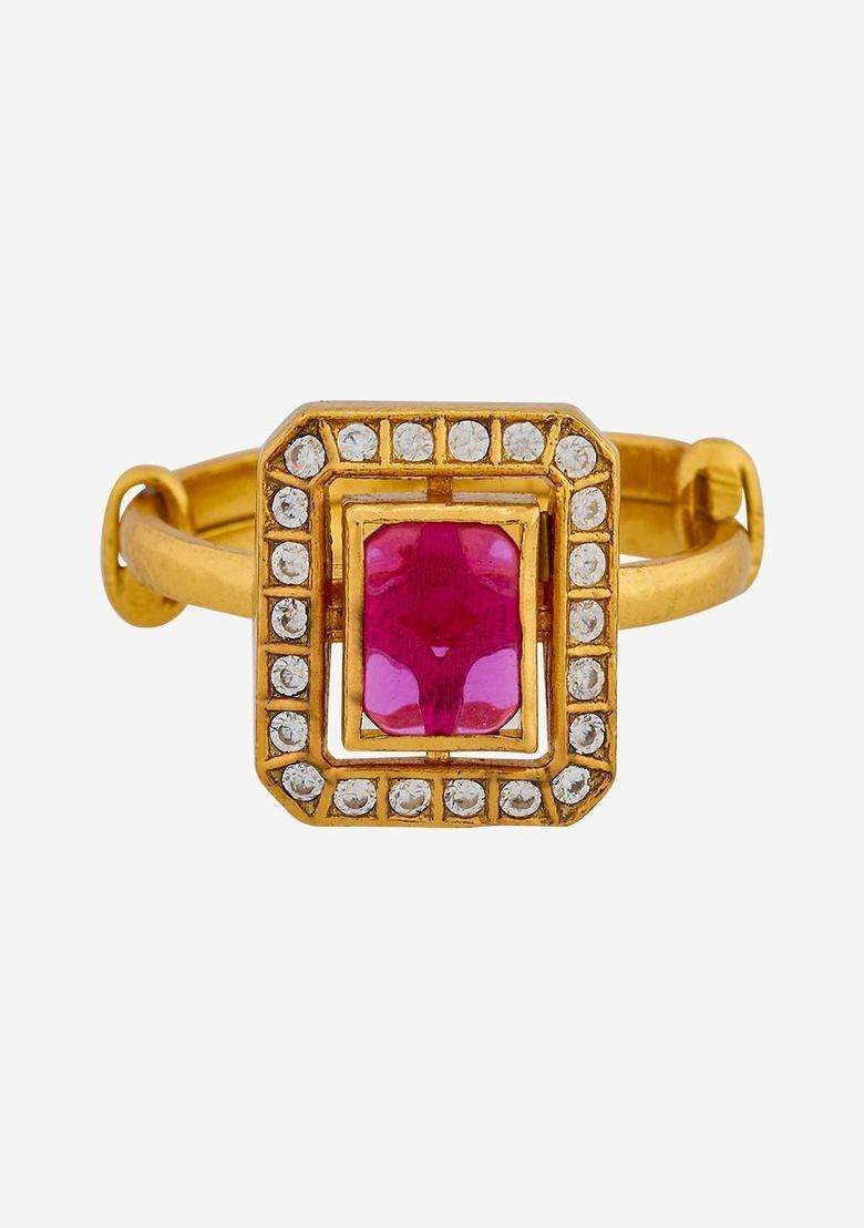 Gold-Plated Stone-Studded Finger Ring for Women | Traditional Temple Jewellery for Wedding & Festive Wear | Gift for Her - Indya