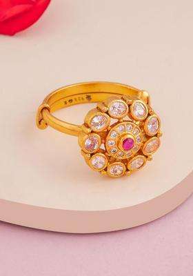 Ruby Gold-Plated Ethnic 92.5 Pure Silver Temple Finger Ring for Women | Traditional Temple Jewellery for Wedding & Festive Wear | Gift for Her