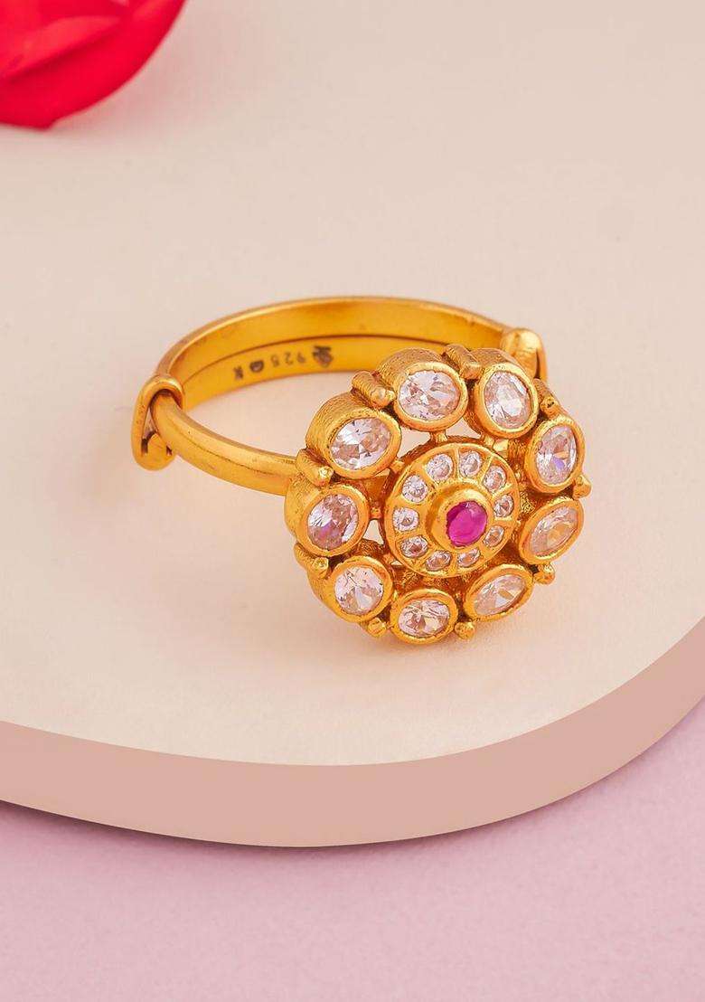 Ruby Gold-Plated Ethnic 92.5 Pure Silver Temple Finger Ring for Women | Traditional Temple Jewellery for Wedding & Festive Wear | Gift for Her - Indya