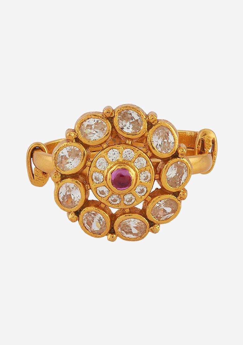 Ruby Gold-Plated Ethnic 92.5 Pure Silver Temple Finger Ring for Women | Traditional Temple Jewellery for Wedding & Festive Wear | Gift for Her - Indya