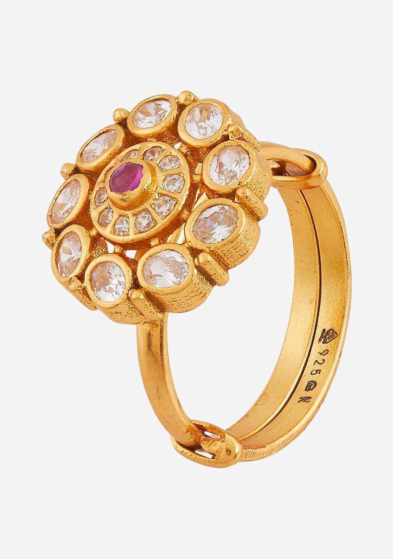 Ruby Gold-Plated Ethnic 92.5 Pure Silver Temple Finger Ring for Women | Traditional Temple Jewellery for Wedding & Festive Wear | Gift for Her - Indya