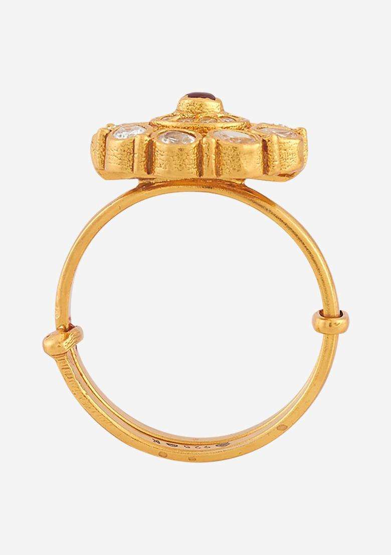 Ruby Gold-Plated Ethnic 92.5 Pure Silver Temple Finger Ring for Women | Traditional Temple Jewellery for Wedding & Festive Wear | Gift for Her - Indya
