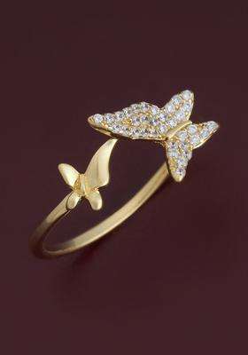 Sterling Silver Gold-Plated CZ Studded Adjustable Finger Ring for Women | Stylish Party & Everyday Wear | Gift for Her