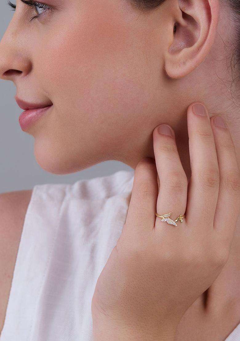 Sterling Silver Gold-Plated CZ Studded Adjustable Finger Ring for Women | Stylish Party & Everyday Wear | Gift for Her - Indya