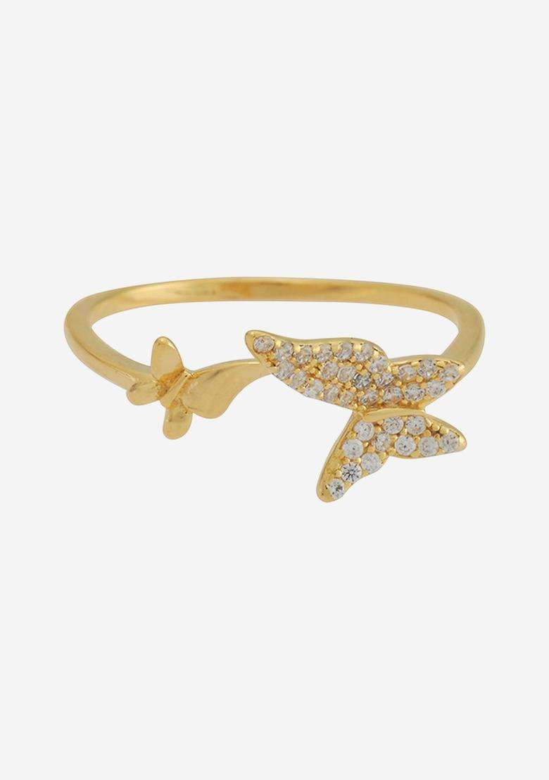 Sterling Silver Gold-Plated CZ Studded Adjustable Finger Ring for Women | Stylish Party & Everyday Wear | Gift for Her - Indya