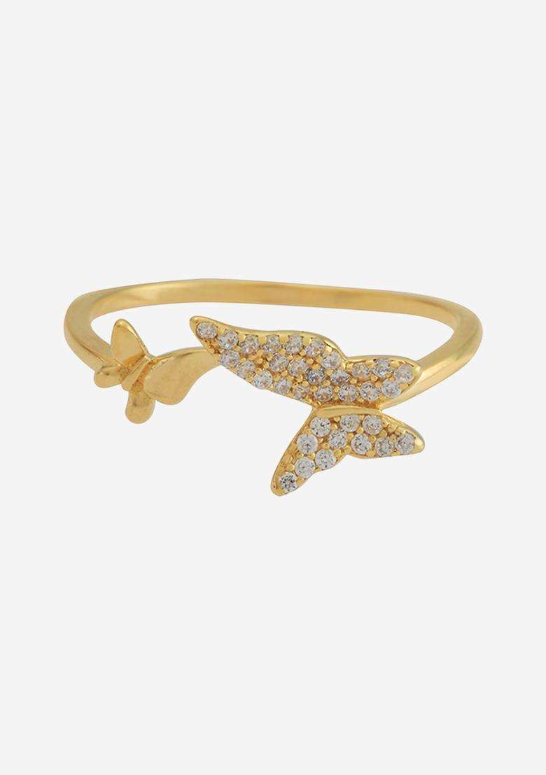 Sterling Silver Gold-Plated CZ Studded Adjustable Finger Ring for Women | Stylish Party & Everyday Wear | Gift for Her - Indya