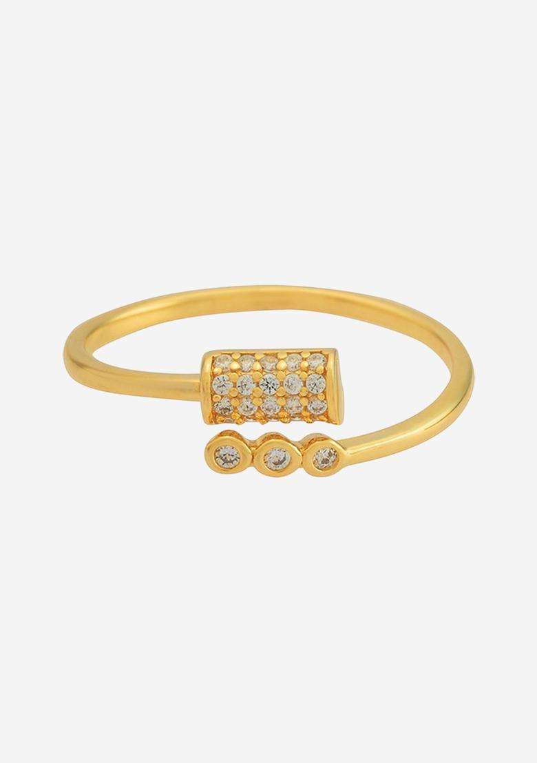 Sterling Silver Gold-Plated CZ Studded Adjustable Finger Ring for Women | Stylish Party & Everyday Wear | Gift for Her - Indya