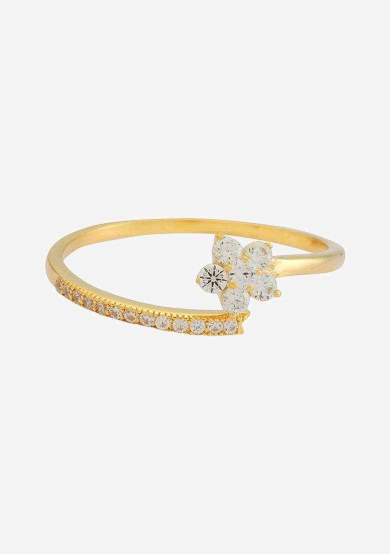 White 92.5 Pure Silver Gold-Plated CZ Studded Adjustable Finger Ring for Women | Stylish Party & Everyday Wear | Gift for Her - Indya