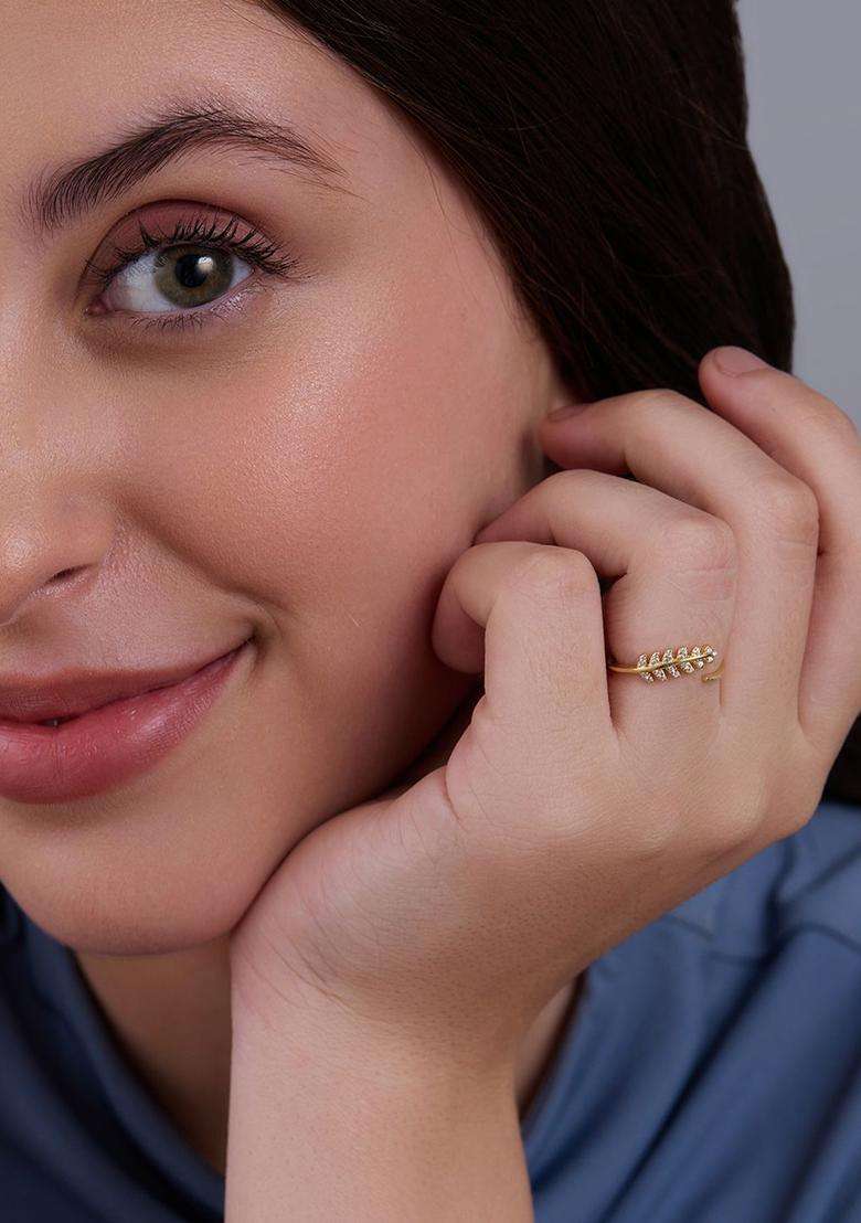 Sterling Silver Gold-Plated CZ Studded Adjustable Finger Ring for Women | Stylish Party & Everyday Wear | Gift for Her - Indya