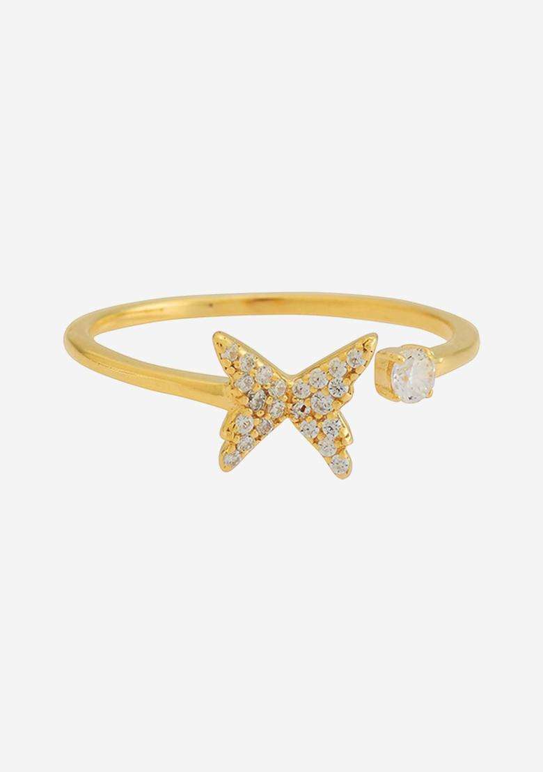 Sterling Silver Gold-Plated CZ Studded Adjustable Finger Ring for Women | Stylish Party & Everyday Wear | Gift for Her - Indya