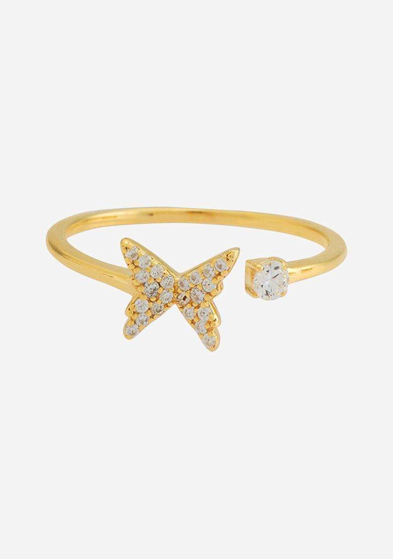 Sterling Silver Gold-Plated CZ Studded Adjustable Finger Ring for Women | Stylish Party & Everyday Wear | Gift for Her - Indya