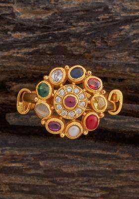 Navaratna Gold-Plated Artificial Stones Studded Finger Ring with CZ Stone for Women | Traditional Temple Jewellery for Wedding & Festive Wear | Gift for Her