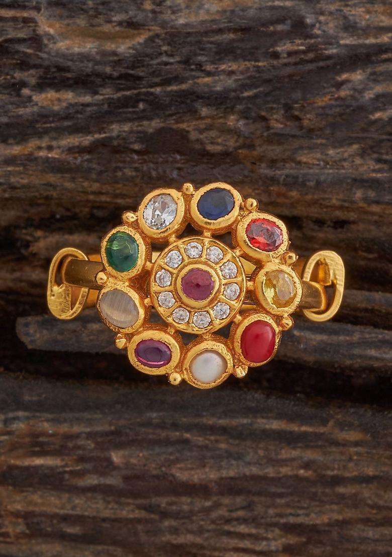 Navaratna Gold-Plated Artificial Stones Studded Finger Ring with CZ Stone for Women | Traditional Temple Jewellery for Wedding & Festive Wear | Gift for Her - Indya